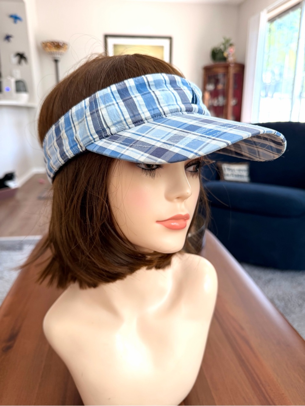 Nautica Blue Plaid Cotton Visor Hat Adjustable Hook & Loop Golf Tennis OS